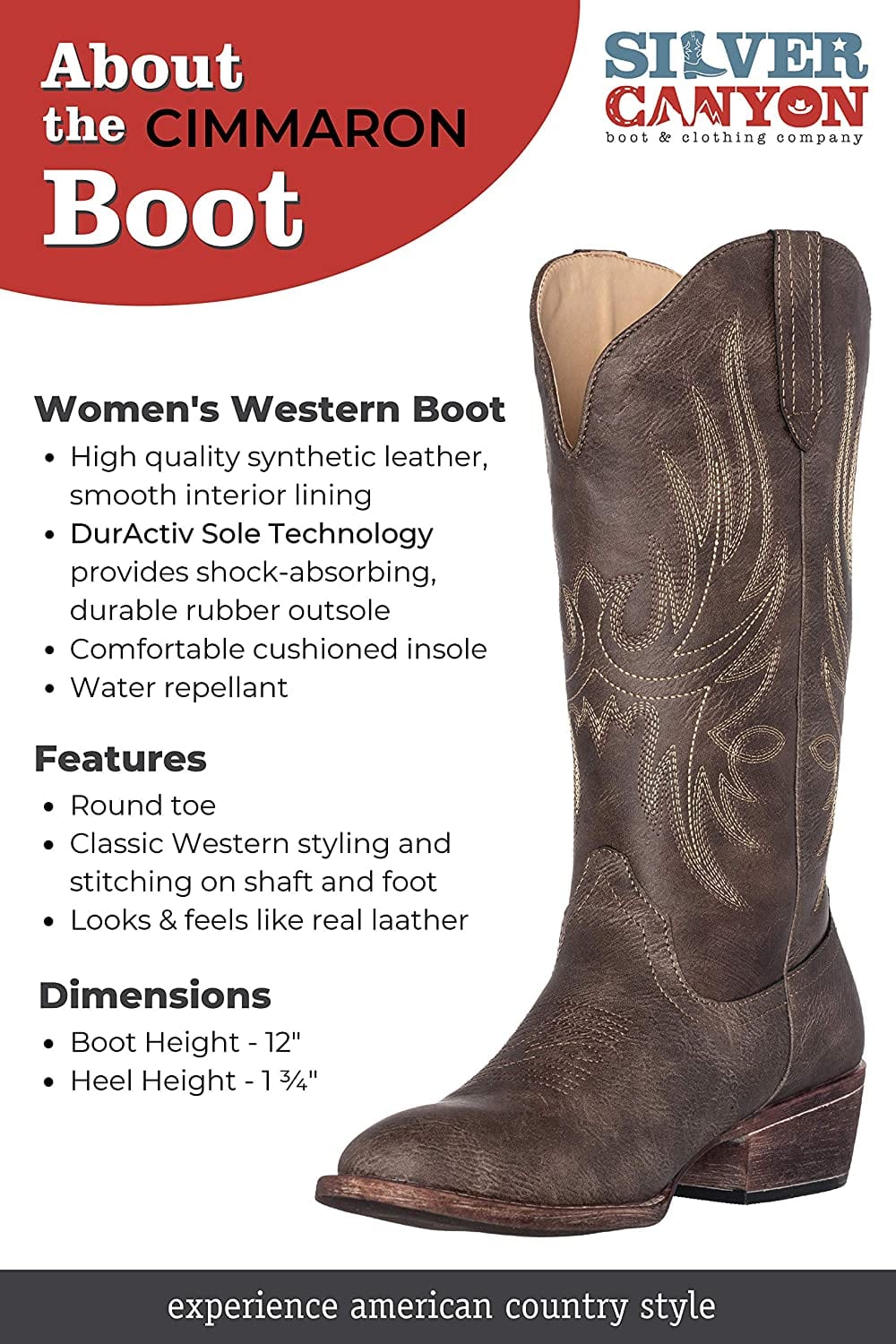 Silver Canyon Cimarron Round Toe Western Cowgirl Boots, 10, Black