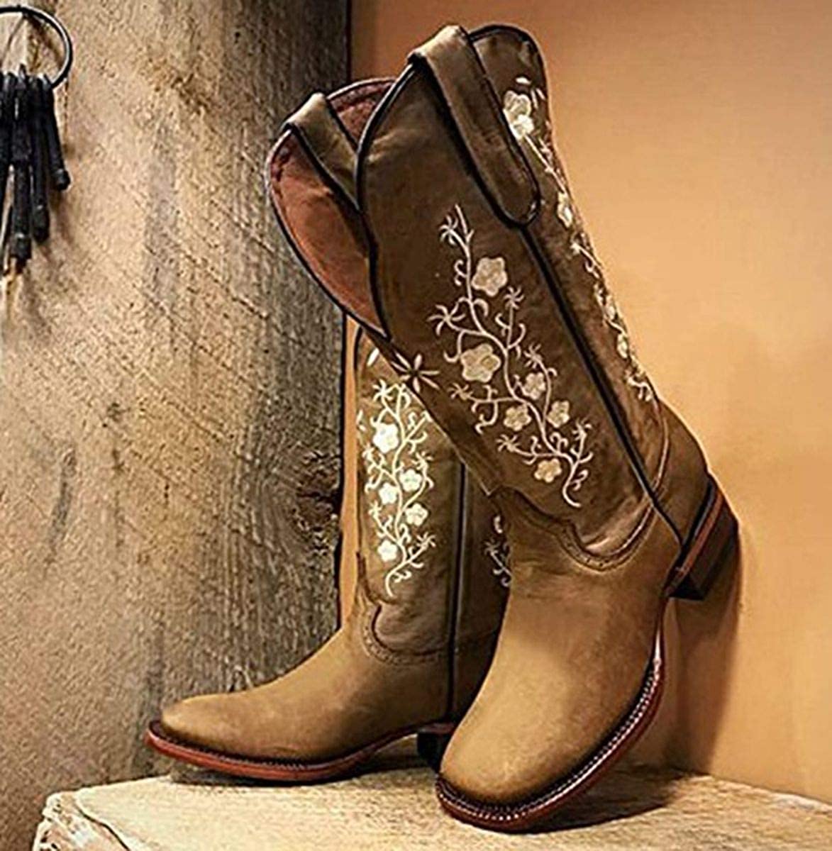 SO SIMPOK Women's Retro Western Cowboy Boots Butterflies Embroidered Mid Calf Chunky Heel Boots