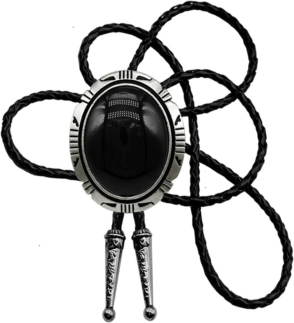 Moranse Celtic Bolo Tie – Emerald Blue & Black Stones, Genuine Leather Rope | Flower Green & Cat Eye Design | Multiple Colors Available, Black, One Size