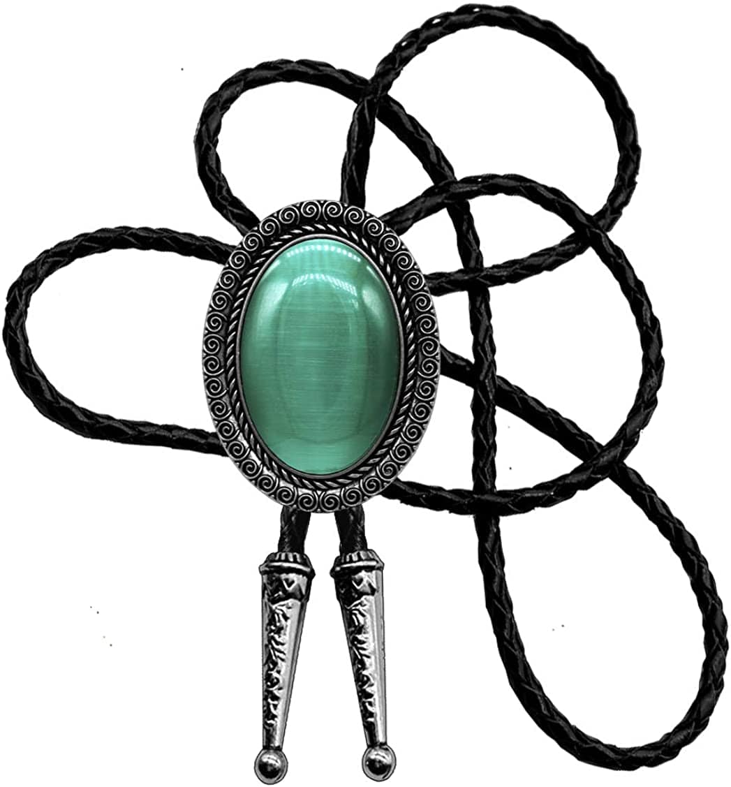 Moranse Celtic Bolo Tie – Emerald Blue & Black Stones, Genuine Leather Rope | Flower Green & Cat Eye Design | Multiple Colors Available, Black, One Size