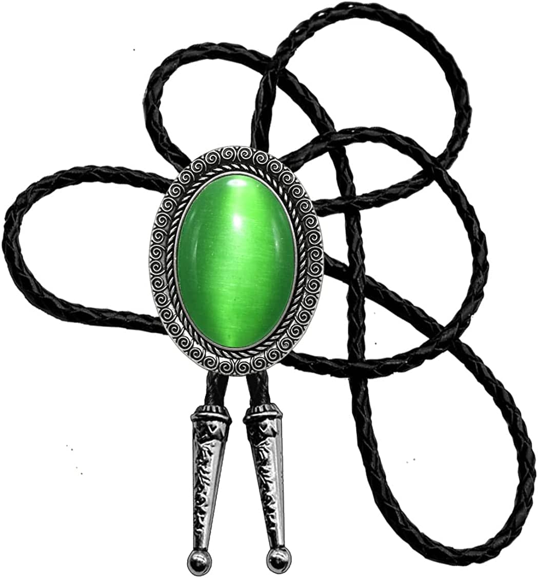 Moranse Celtic Bolo Tie – Emerald Blue & Black Stones, Genuine Leather Rope | Flower Green & Cat Eye Design | Multiple Colors Available, Black, One Size