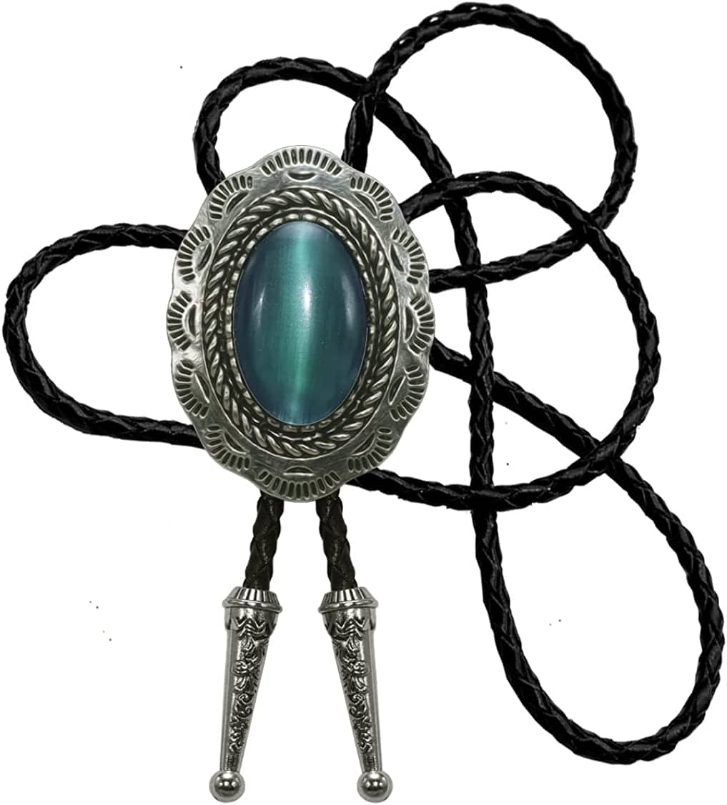 Moranse Celtic Bolo Tie – Emerald Blue & Black Stones, Genuine Leather Rope | Flower Green & Cat Eye Design | Multiple Colors Available, Black, One Size