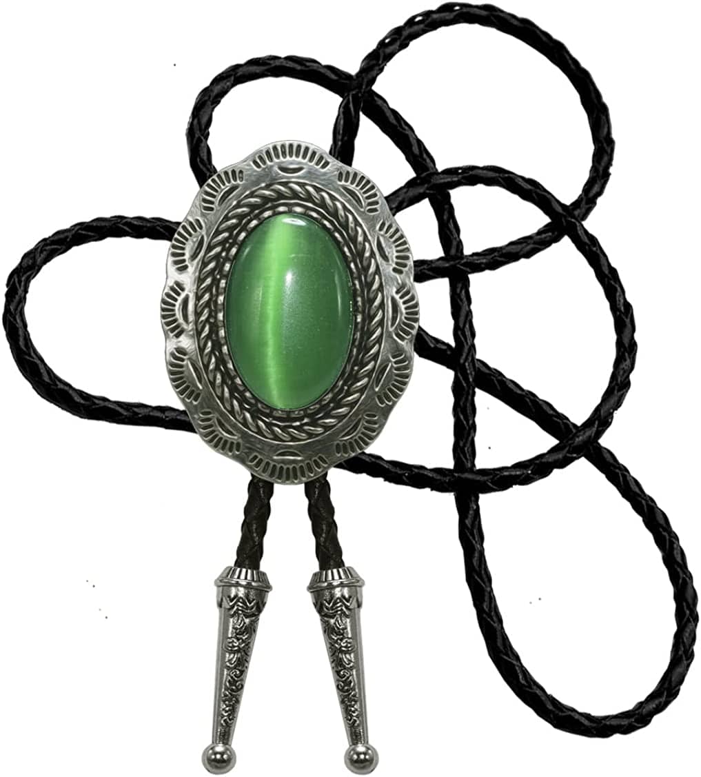 Moranse Celtic Bolo Tie – Emerald Blue & Black Stones, Genuine Leather Rope | Flower Green & Cat Eye Design | Multiple Colors Available, Black, One Size