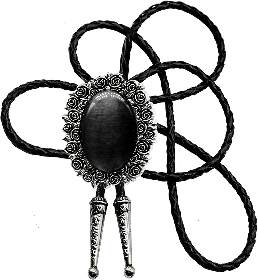 Moranse Celtic Bolo Tie – Emerald Blue & Black Stones, Genuine Leather Rope | Flower Green & Cat Eye Design | Multiple Colors Available, Black, One Size