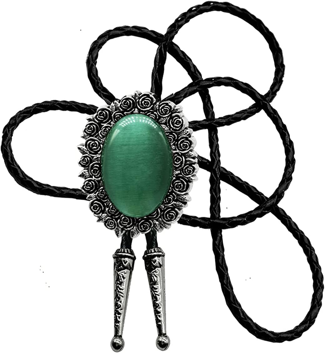 Moranse Celtic Bolo Tie – Emerald Blue & Black Stones, Genuine Leather Rope | Flower Green & Cat Eye Design | Multiple Colors Available, Black, One Size