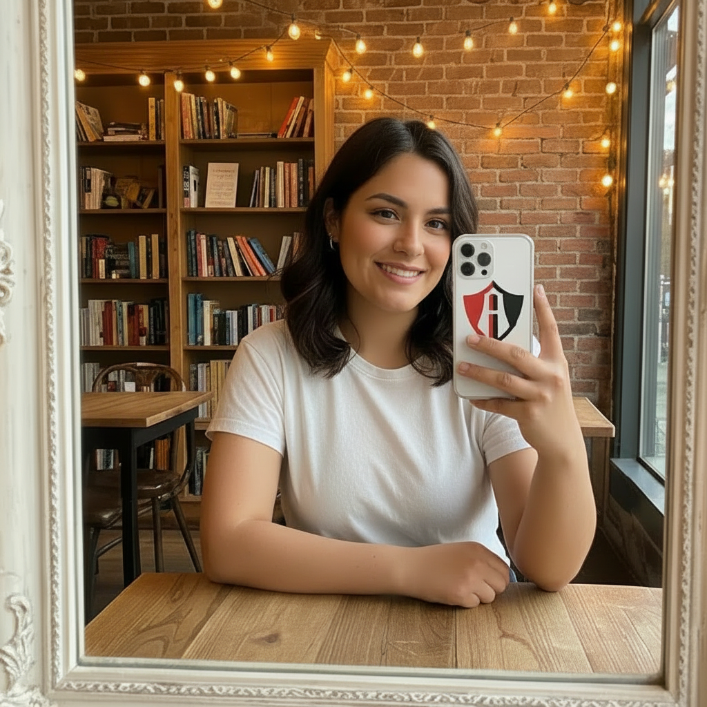 A woman taking a mirror selfie in a book-filled room. She is wearing a white t-shirt and holding an atlas iPhone case