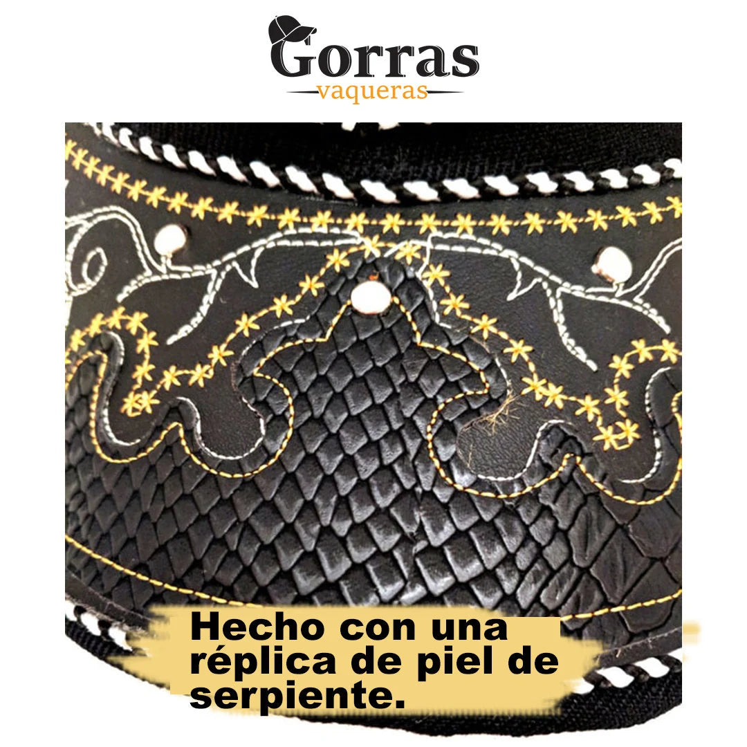 Gorra de Sonora Hat, Adjustable Unisex, Charro Style, Polyester/Acrylic, Embroidered Snake Skin Design in Black