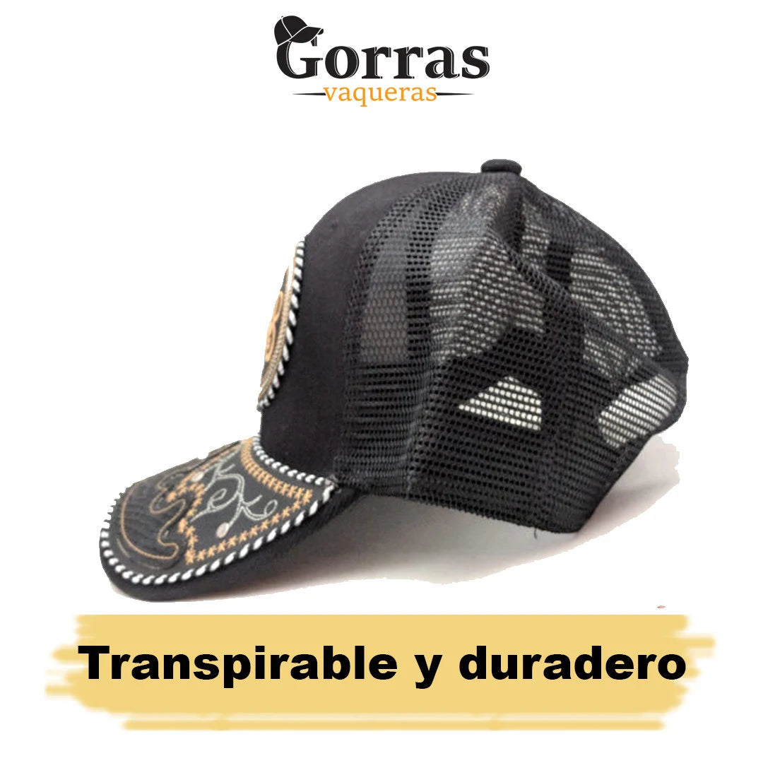 Gorra de Sonora Hat, Adjustable Unisex, Charro Style, Polyester/Acrylic, Embroidered Snake Skin Design in Black