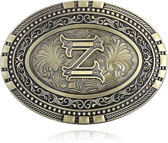 Western oval belt buckle with engraved two-tone Z initial and scroll border