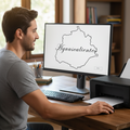 A man sits at a wooden desk in a home office setting, using a computer and printer. The computer screen displays a black outline map of Spain with the cursive text 'Signasealiente'.