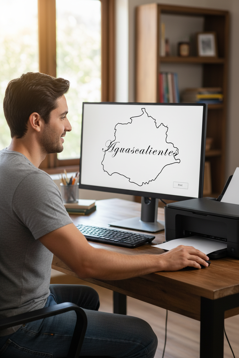 A man sits at a wooden desk in a home office setting, using a computer and printer. The computer screen displays a black outline map of Spain with the cursive text 'Signasealiente'.