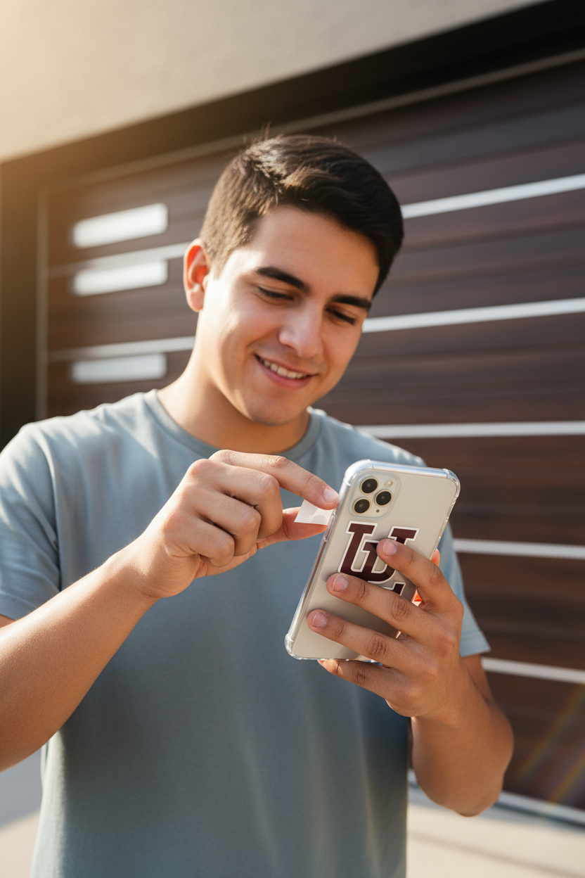 A young man smiling while looking at his phone, holding a white smartphone with a dark burgundy 'Algodoneros de Union Laguna' monogram decal on the back. He is wearing a light blue-gray t-shirt and standing in front of a modern brown slatted wall.