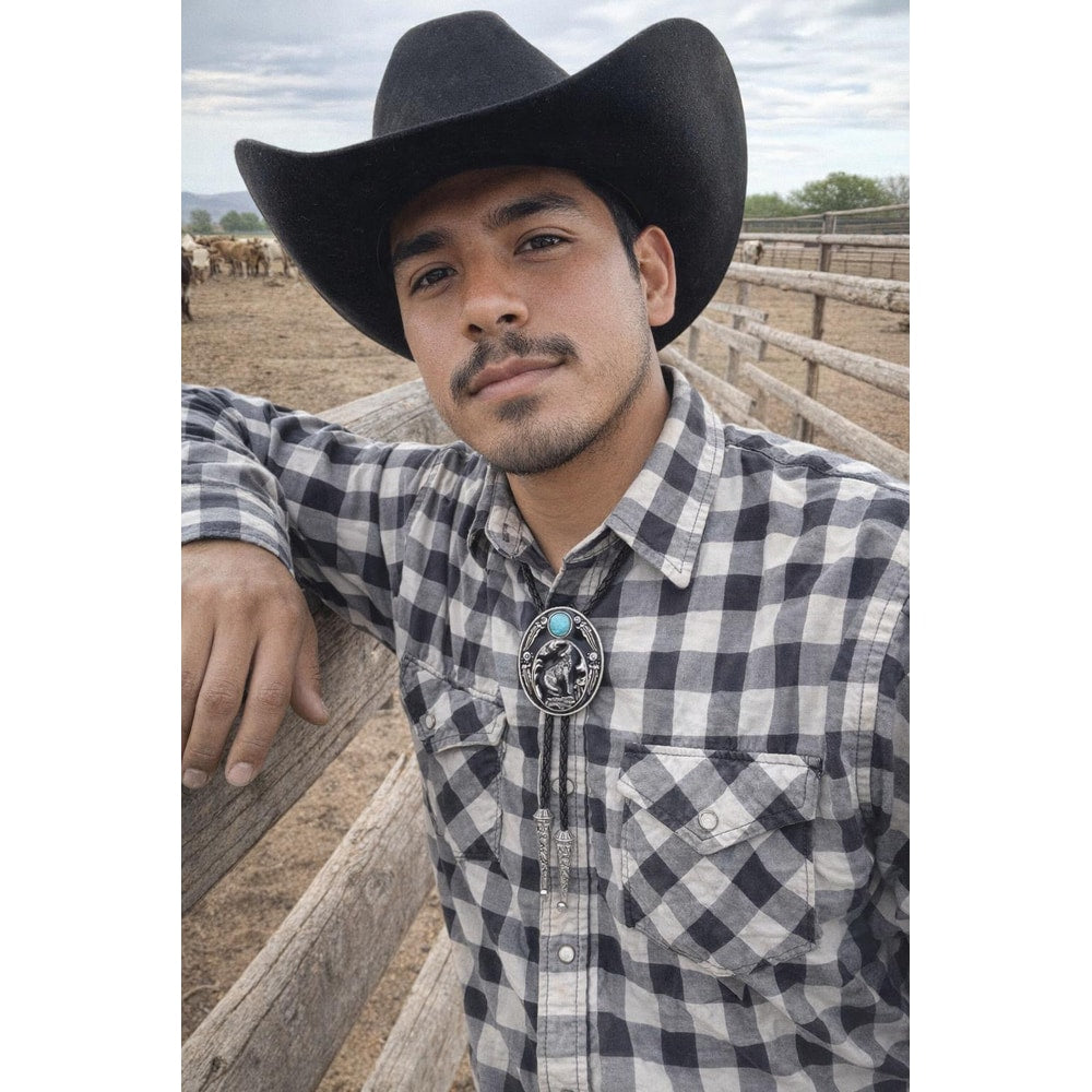 Corbata bolo HUABOLA CALYN, corbata de vaquero occidental de forma redonda hecha a mano, color negro 