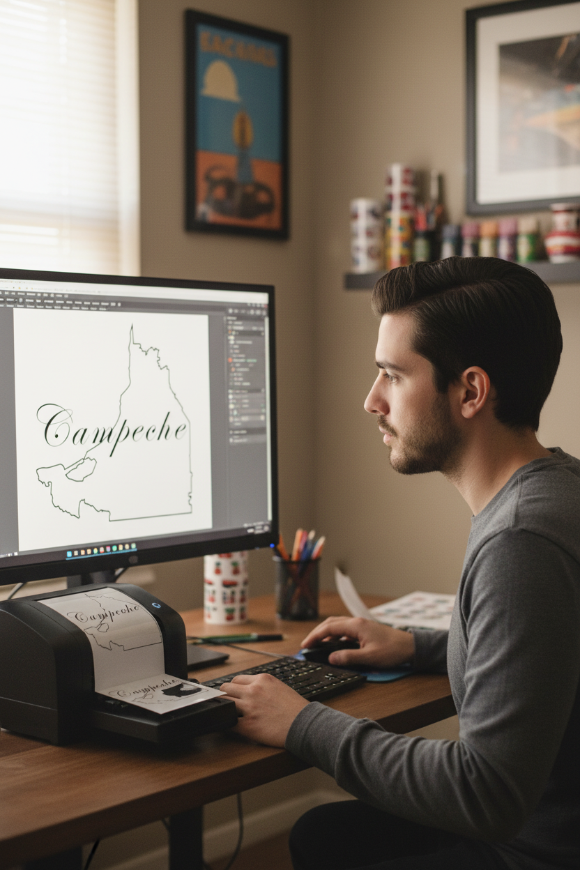 A stylized outline of Campeche with the name 'Campeche' written across the top in a bold font.