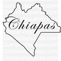 Outline map of Chiapas state with the name 'Chiapas' written across it, in black on a white background
