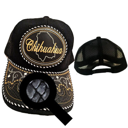 Black adjustable unisex trucker hat with round Chihuahua patch and snake-skin embroidery