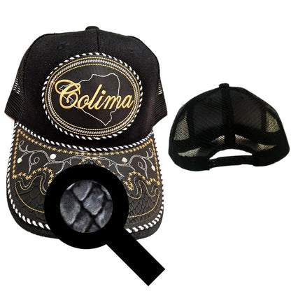Black charro-style cap with circular Colima emblem, embroidered snake pattern brim, mesh top