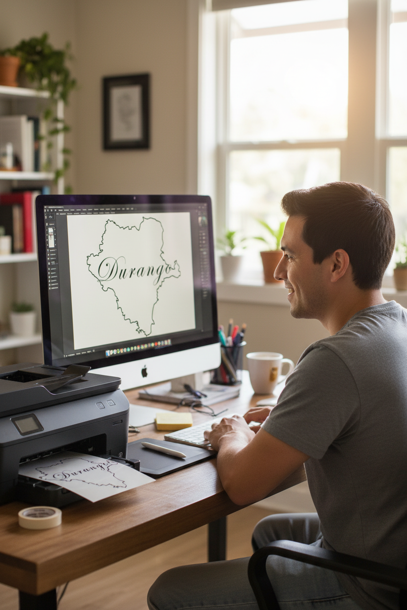 A stylized outline of Durango state with the name 'Durango' written across it.