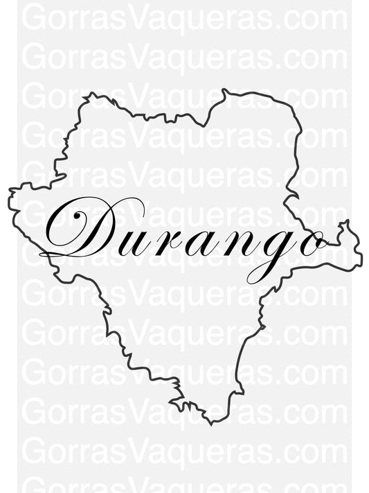 A stylized outline of Durango state with the name 'Durango' written across it.