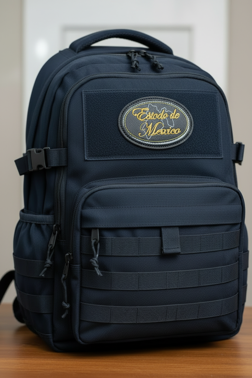 A black tactical backpack with a front zippered pocket and a circular embroidered patch reading 'Estado De Mexico' in gold, sitting on a wooden surface.