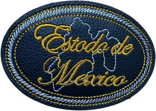An oval embroidered patch featuring the text 'Estado de México' in gold cursive lettering over a white map outline, all on a whitebackground with a white and gold stitched border.