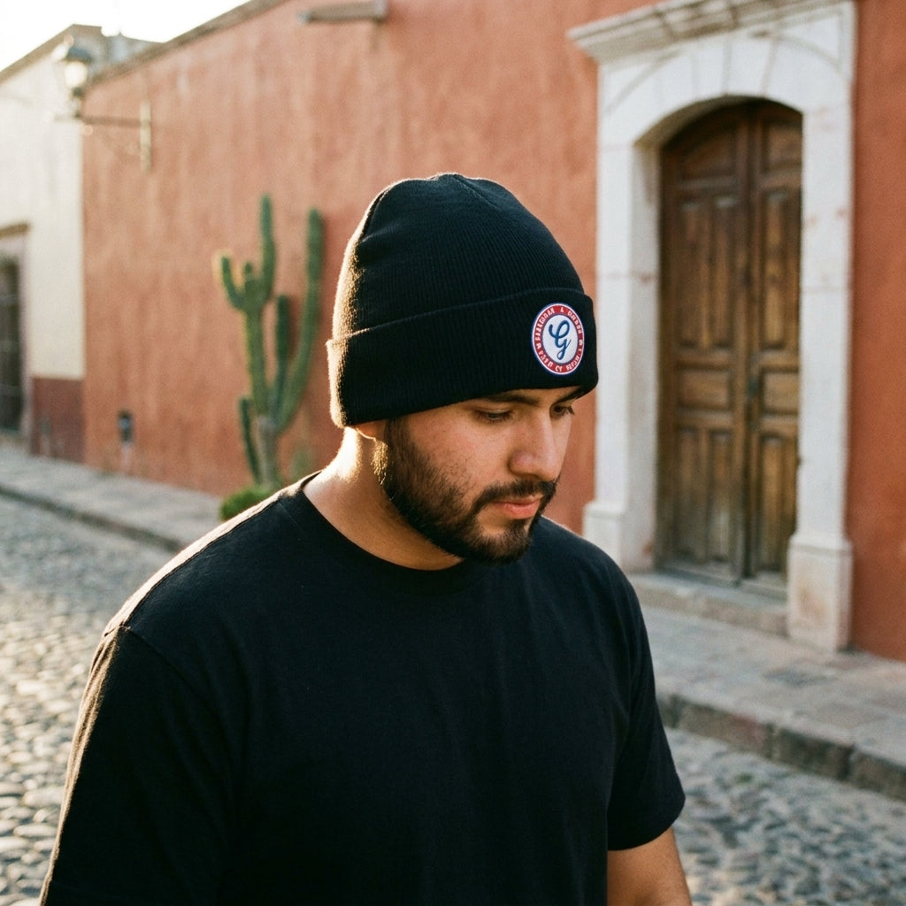 Generales de Durango Cuffed Beanie, Black, One Size | Create an ultra-photorealistic lifestyle photograph featuring the uploaded hat as the only source of truth.