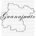 A stylized text 'Guanajuato' over a silhouette map of the state of Guanajuato, in black and white.