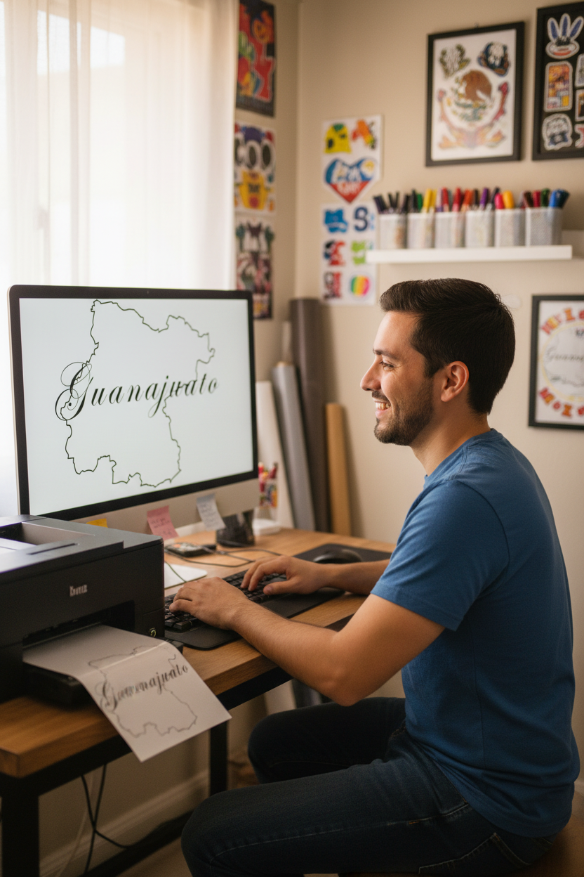 A stylized text 'Guanajuato' over a silhouette map of the state of Guanajuato, in black and white.