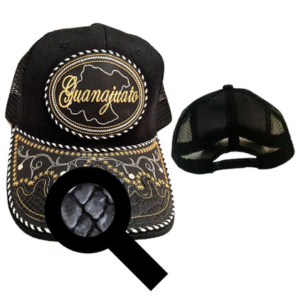 Black adjustable mesh hat with embroidered oval crest and decorative rope trim; magnifier overlay