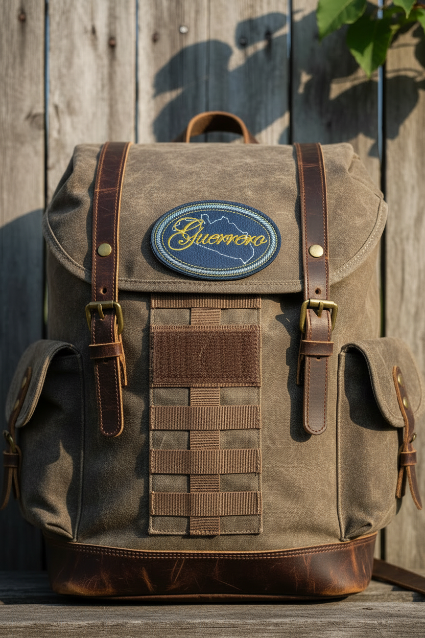A vintage-style canvas backpack in brown and tan, featuring dark brown leather straps, brass hardware, and a blue oval 'Glencora' logo patch on the front, set against a rustic wooden background.