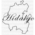 A stylized text 'Hidalgo' designed in a map outline of a region shape.