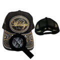 Black and gold embroidered trucker hat with ‘Hidalgo’ lettering and Hidalgo state outline. Gorras Vaqueras western cap.