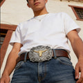 Long Horn Bull Western Belt Buckle, Gray, One Size