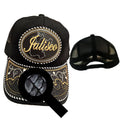 Black and gold embroidered trucker hat with ‘Jalisco’ lettering and Jalisco state outline. Gorras Vaqueras western cap.
