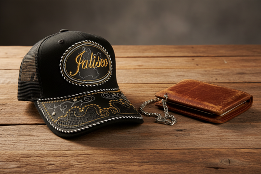 A black embroidered trucker hat with a curved brim and a brown leather wallet on a rustic wooden tabletop. The hat features a circular embroidered patch with the brand name 'Jalisco' in gold script, white stitched border details, and a black-and-gold patterned brim.