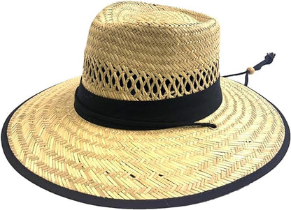 Men's beige straw lifeguard hat with a black chin strap and a wide brim, featuring a woven design.