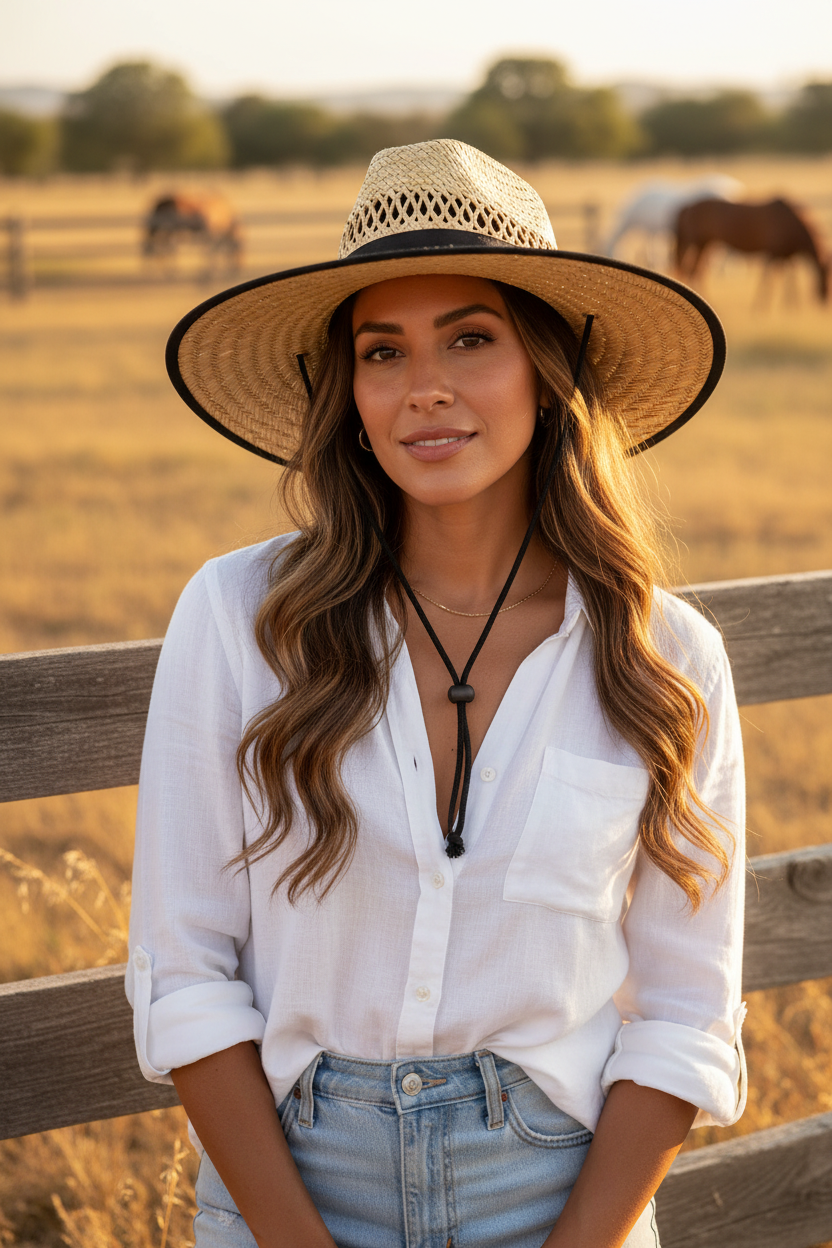 A woman wearing a wide-brimmed straw hat, white button-up shirt, and light blue jeans stands in front of a wooden fence in a sunlit field with horses in the background.