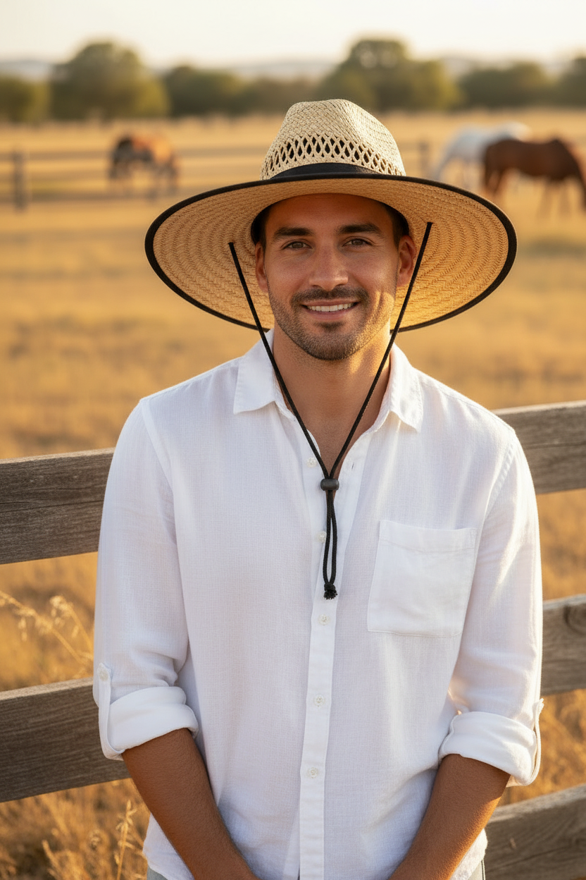 A smiling man wearing a wide-brim straw cowboy hat and a white button-up shirt stands in front of a wooden fence in a sunlit field, with horses visible in the background.