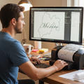 A man sits at a wooden desk in a home office, working on a computer next to a desktop printer that is printing a map outline labeled 'Mexico'.