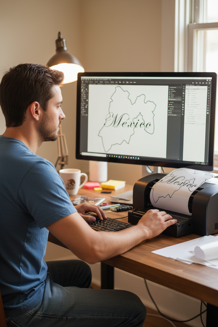 A man sits at a wooden desk in a home office, working on a computer next to a desktop printer that is printing a map outline labeled 'Mexico'.