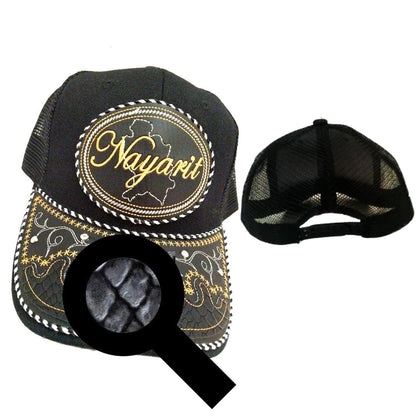 Black charro-style unisex hat with Nayarit logo patch and embroidered snake-skin trim