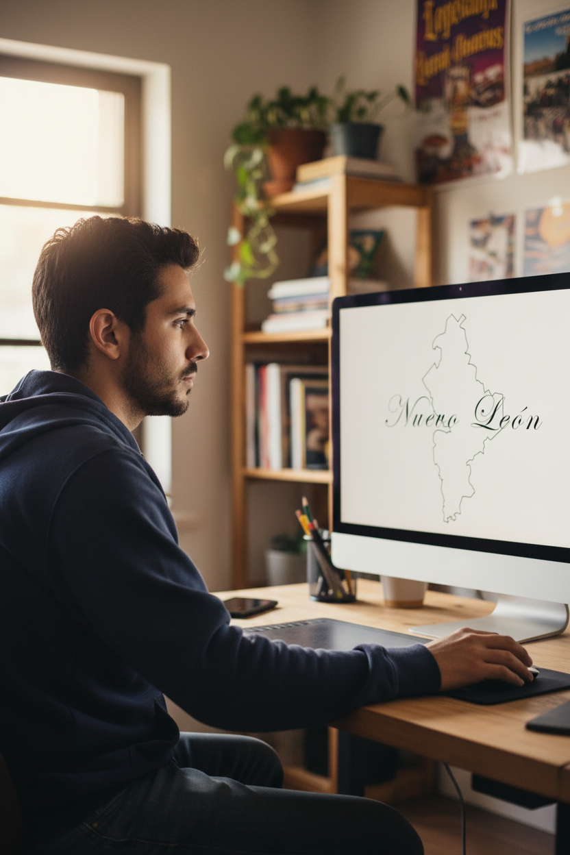 A stylized outline of the Nuevo Leon state from Mexico, with the name 'Nuevo León' written across the image.