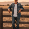 A man wearing a blue denim shirt over a white t-shirt, blue jeans, and a Nuevo Leon cap stands leaning on a wooden fence in an outdoor field at sunset.