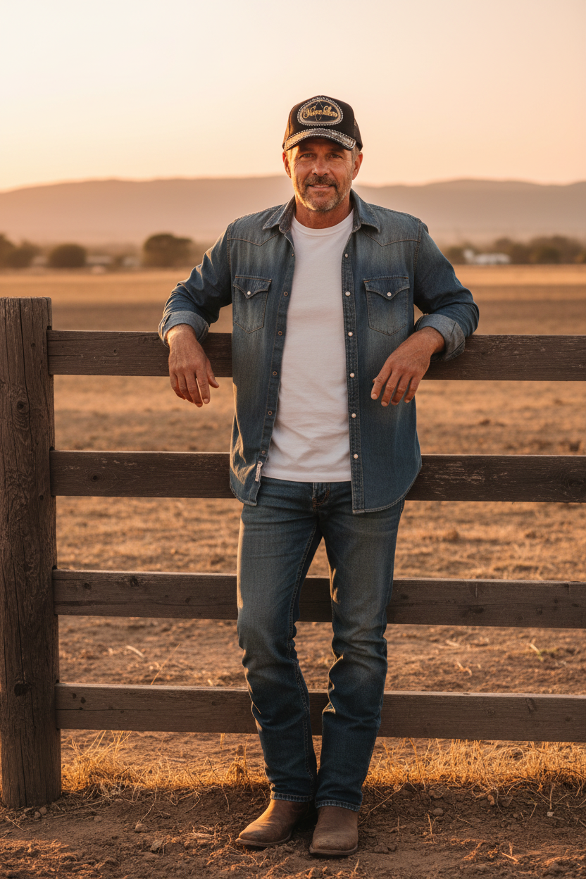 A man wearing a blue denim shirt over a white t-shirt, blue jeans, and a Nuevo Leon cap stands leaning on a wooden fence in an outdoor field at sunset.
