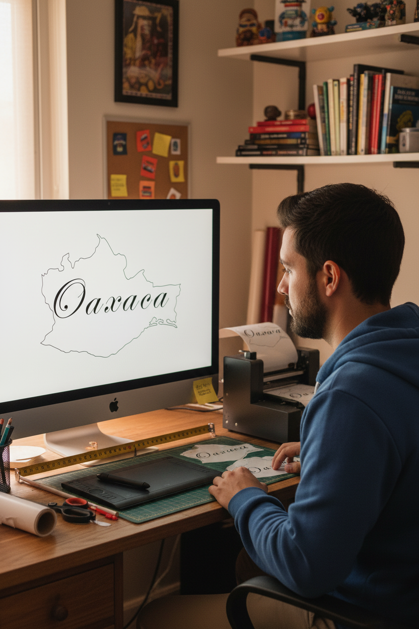 A stylized outline of Oaxaca with the name 'Oaxaca' written across it, indicating it's likely intended as a design element, likely a part of the digital file package.