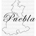 A stylized text 'Puebla' over a silhouette map of the state of Puebla, Mexico.