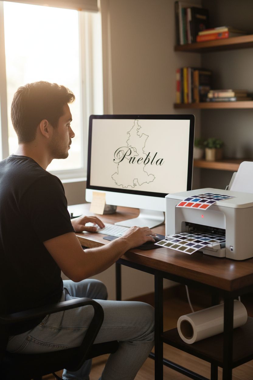 A stylized text 'Puebla' over a silhouette map of the state of Puebla, Mexico.