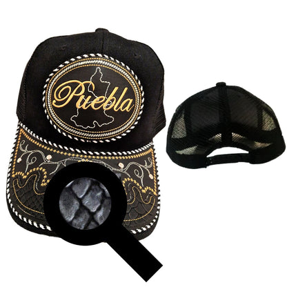 Adjustable unisex charro-style hat, black mesh with embroidered snake-skin design and Puebla patch