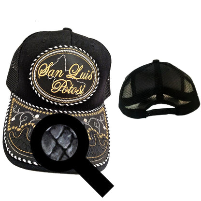 Black charro-style mesh hat with embroidered snake-skin band and “San Luis Potosi” oval patch