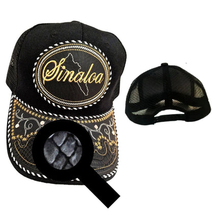 Black charro-style baseball cap, embroidered oval logo and snake-skin pattern, mesh back